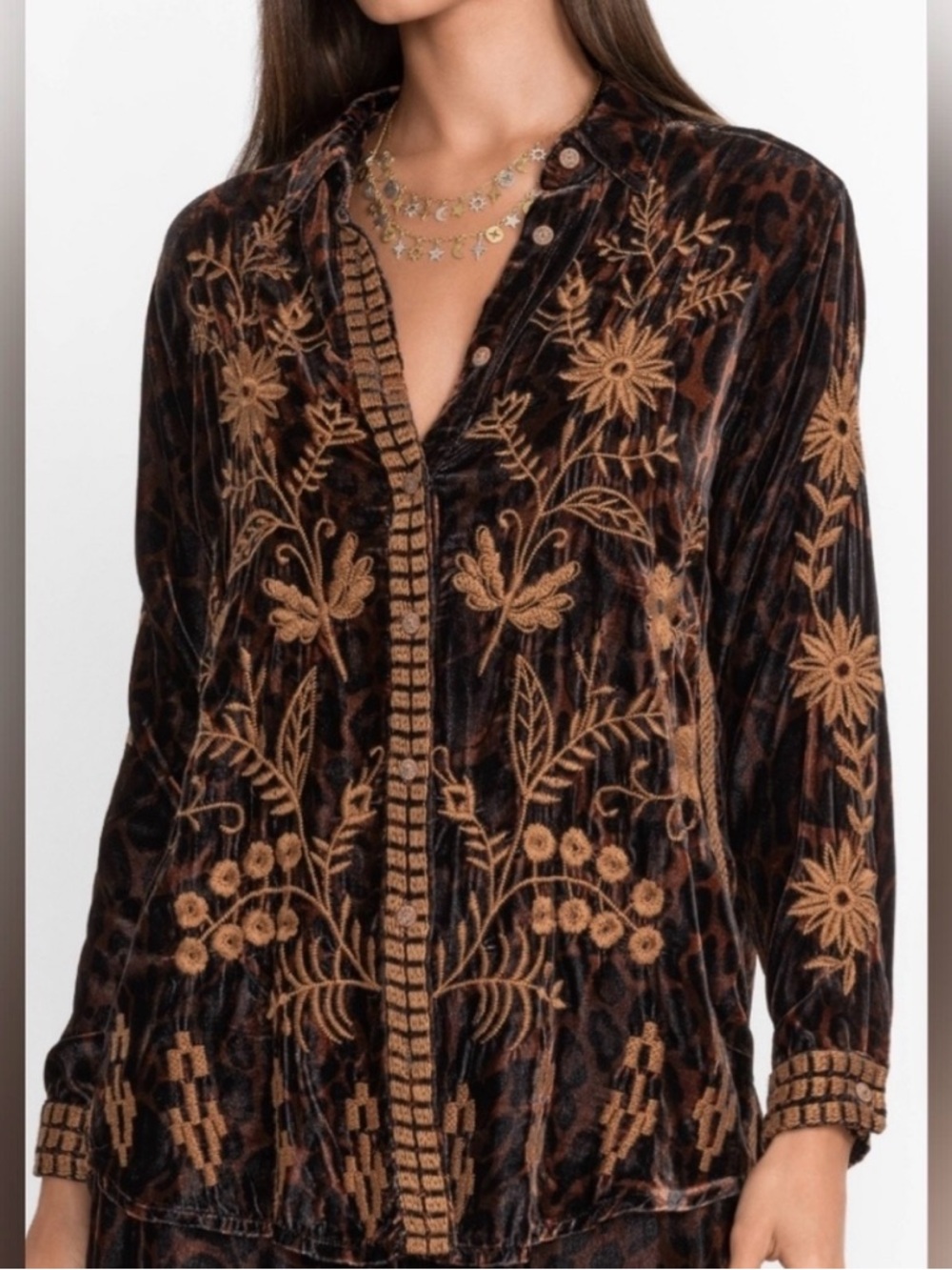 Johnny Was Georgina Velvet Oversized Shirt Size Large Leopard Print